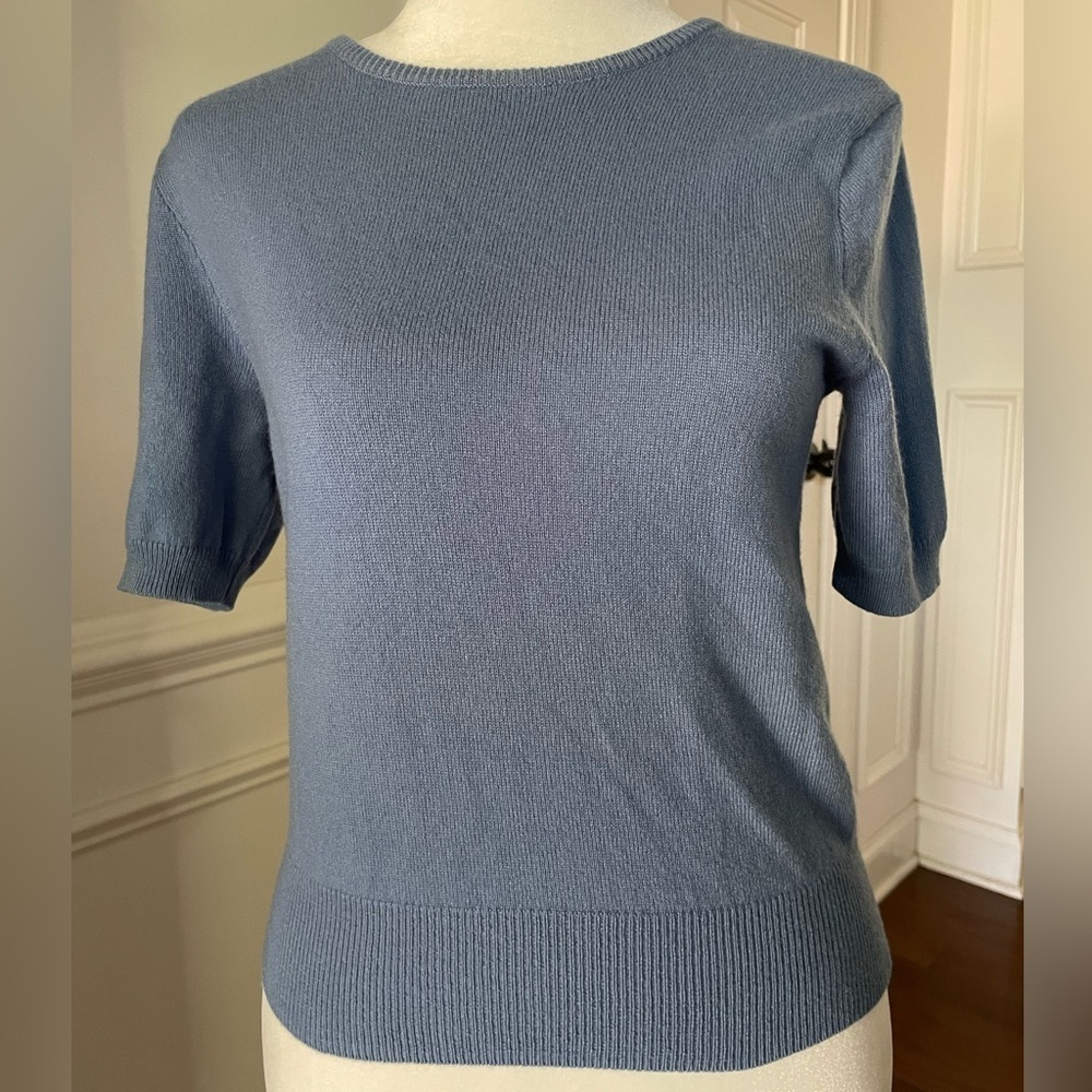 Ralph Lauren Blue Cashmere Short-Sleeve Crewneck Sweater Size Medium